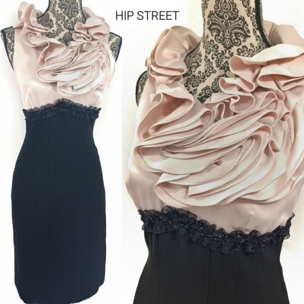 JS COLLECTIONS Sleeveless High Waist Satin Ruffle Top Beaded Party Dress 6